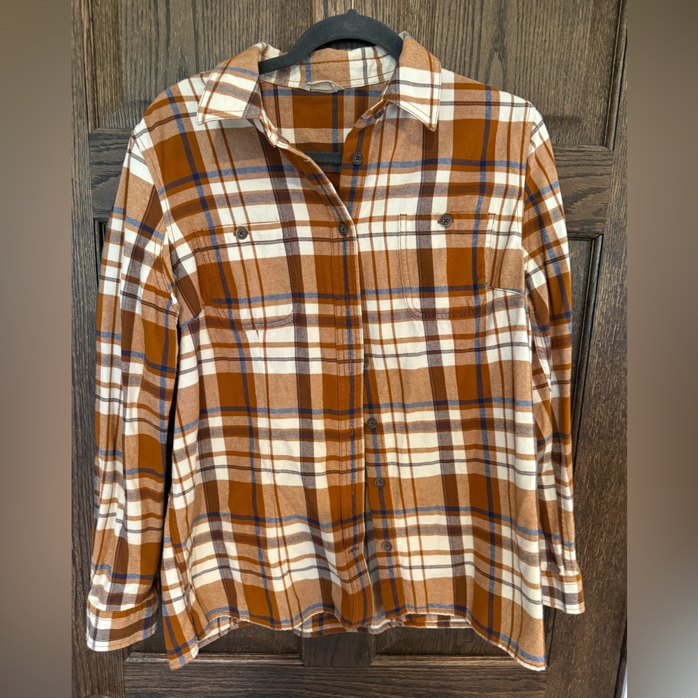 Duluth Trading Co Orange and Blue Plaid Flannel Shirt